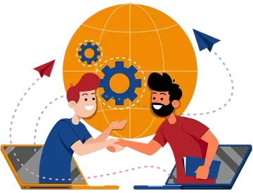 Two people emerging from laptop screens, smiling and shaking hands. In the background is a globe with gears and paper airplanes in front of it