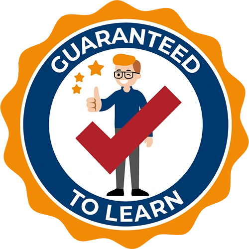 A seal with “Guaranteed to Learn” written on it. In the middle is a person giving a thumbs up, standing behind a checkmark