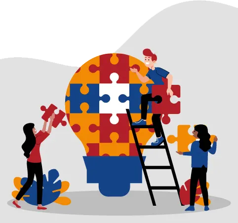 Group of people building ideas together like a puzzle with a lightbulb shape