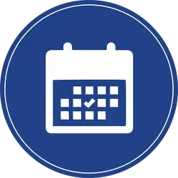 Blue round icon showing a calendar