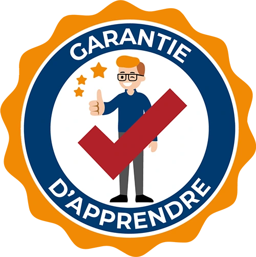 Un sceau sur lequel est inscrit 'Apprentissage garanti'. Au centre, une personne levant le pouce, debout derrière un crochet