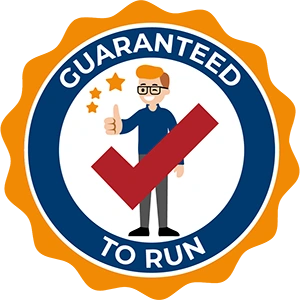A seal with “Guaranteed to Run” written on it. In the middle is a person giving a thumbs up, standing behind a checkmark