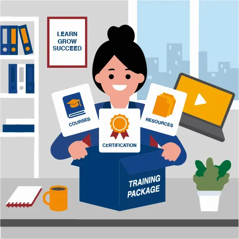 A lady unboxing many certificates and courses from a blue box