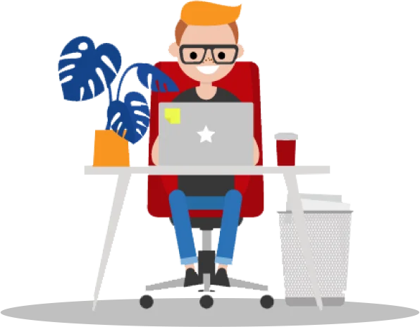 Une personne est assise à un bureau avec un ordinateur portable devant elle. Il y a une plante sur le bureau et une poubelle sur le sol