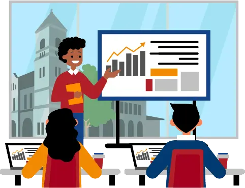 Instructor presenting excel data analytics chart to trainees in a modern training center with a Charlottetown Church in the background