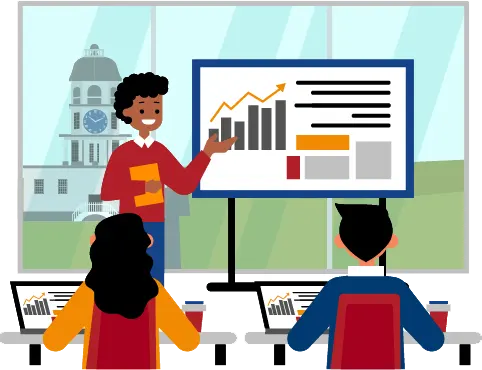Trainer delivering excel data analytics chart to students in a classroom with Halifax buildings view
