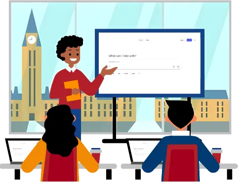 Trainer delivering copilot interface to students in a classroom with Parliament Hill skyline view in Ottawa