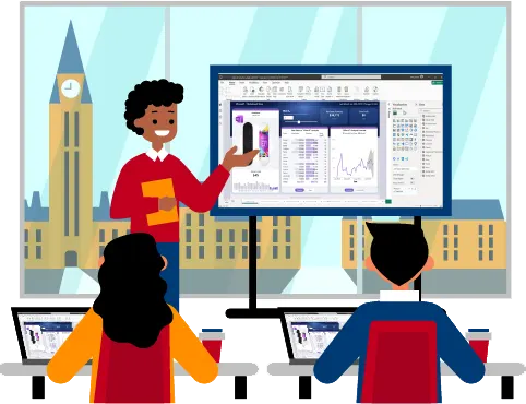 Trainer delivering power bi data analytics chart to students in a classroom with Parliament Hill skyline view in Ottawa