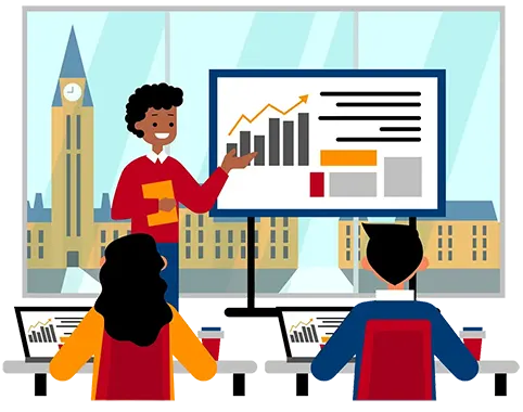 Trainer delivering excel data analytics chart to students in a classroom with Parliament Hill skyline view in Ottawa
