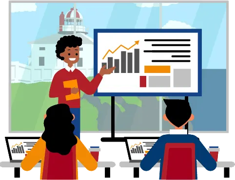 Instructor presenting excel data analytics chart to trainees in a modern training center with St. John's, Newfoundland and Labrador in the background
