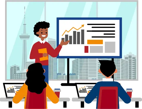 Instructor presenting excel data analytics chart to trainees in a modern training center with Toronto city view in the background