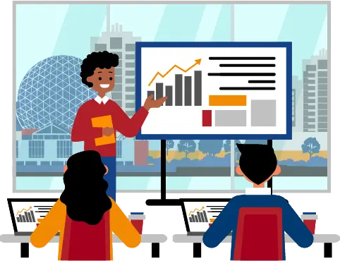 Instructor presenting excel data analytics chart to trainees in a modern training center with Vancouver skyline in the background