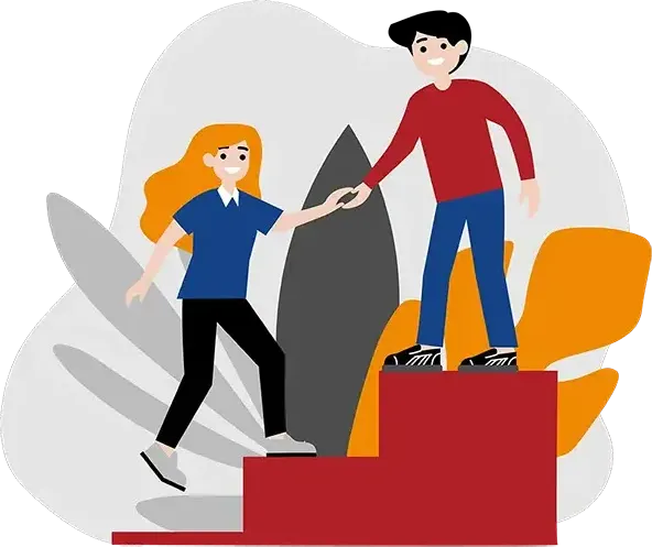 One person helping another up a flight of stairs